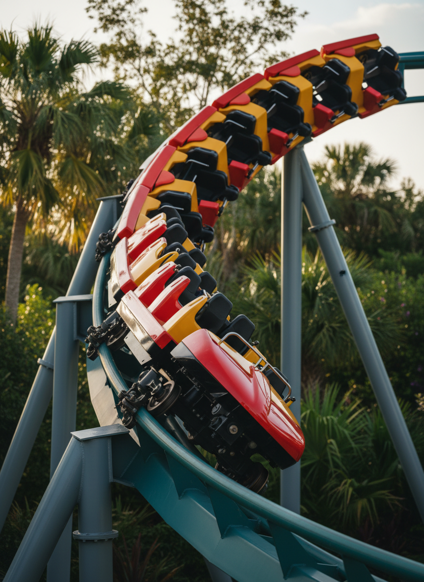 A dynamic photographic close-up of a bright, twisting roller coaster train frozen mid-curve, but without any riders. The sleek, glossy cars in bold red and yellow hug a deep teal track, bolts and steel textures sharply rendered. Surrounding the track, lush Florida greenery and palm fronds blur in the background, emphasizing speed. Late afternoon sun creates dramatic side lighting, casting crisp shadows on the support beams and subtle specular highlights along the metal rails. Captured from a low-angle perspective with a moderate depth of field, the coaster dominates the frame, arcing diagonally across in an energetic composition. The atmosphere is thrilling and playful, perfectly suited for Orlando attractions coverage.