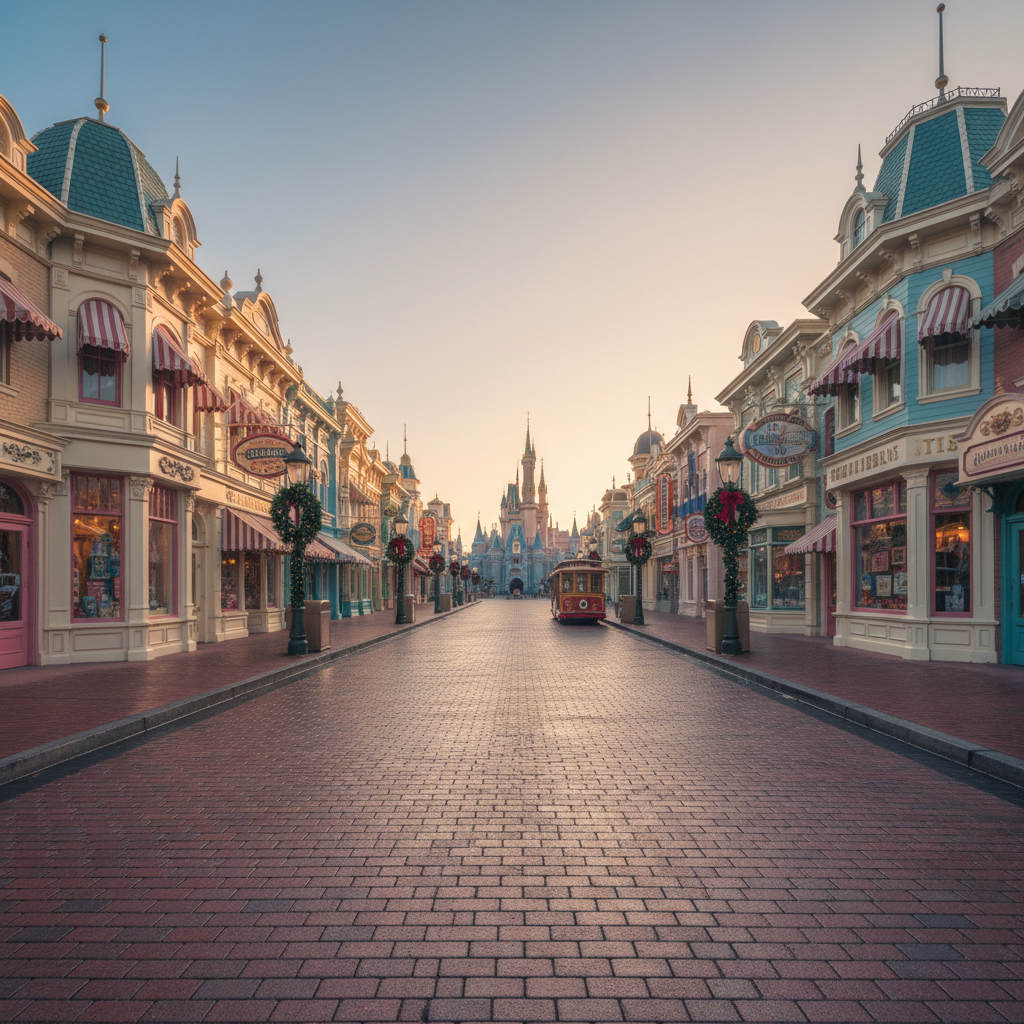 A nostalgic photographic scene of a vintage-style theme park main street in Orlando, shown completely empty of visitors. Colorful, meticulously detailed storefront facades with striped awnings and ornate trim line both sides of a brick-paved street. Warm, early morning sunlight stretches long shadows and creates a soft glow on polished windows and decorative lampposts wrapped in subtle seasonal garlands. In the far distance, a blurred, whimsical castle spire rises above the rooftops, adding depth and magic. Shot from a low, centered perspective looking straight down the street, with strong leading lines drawing the eye forward. The mood is dreamy and nostalgic, like a cherished memory captured in vivid photographic realism.