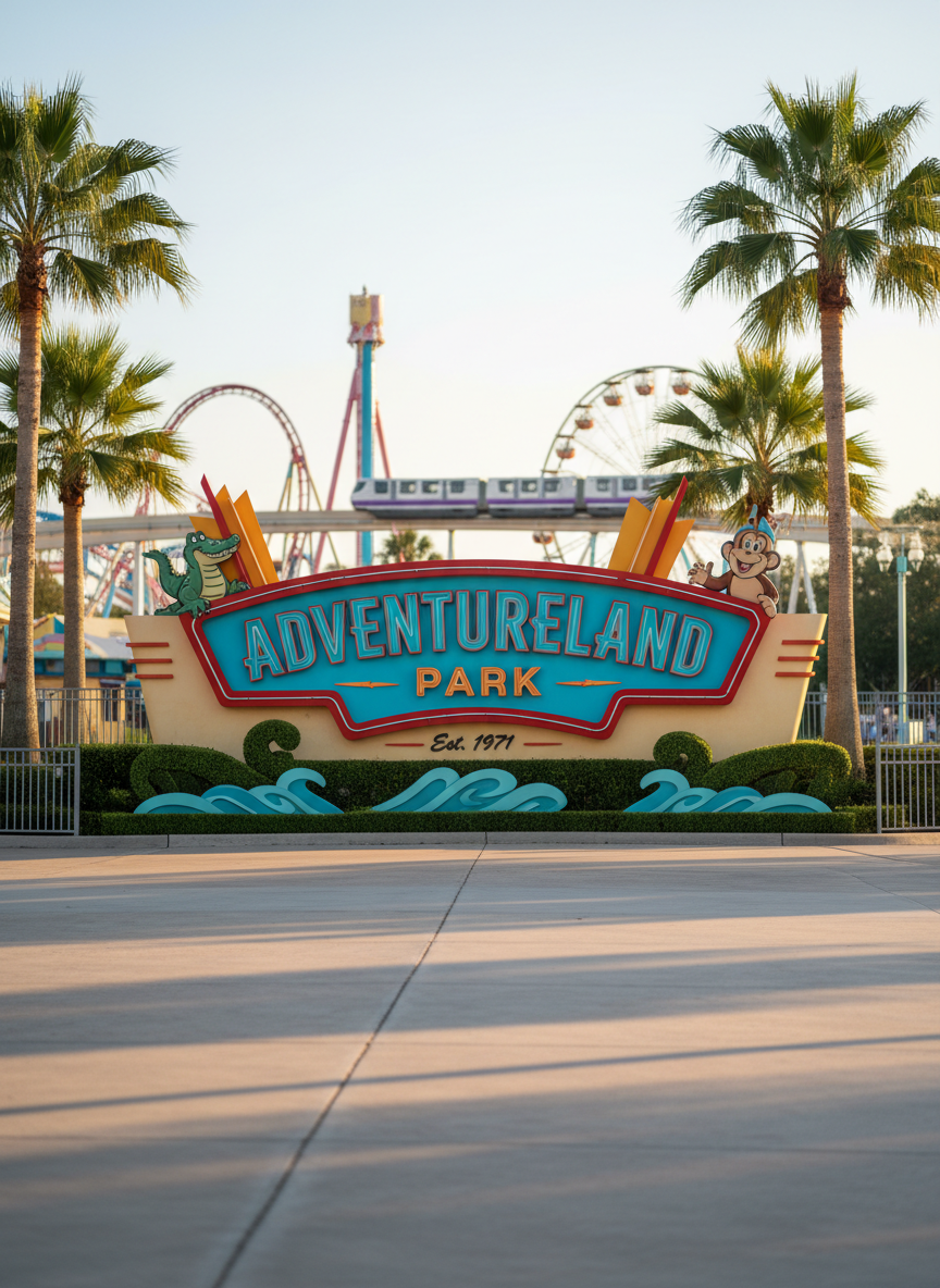 A close-up photographic shot of a classic Orlando theme park entrance sign, richly detailed and completely free of people. The sign features bold, saturated colors and retro-inspired typography, framed by perfectly manicured hedges and towering palm trees. Late afternoon sunlight creates warm highlights on the glossy painted letters and casts crisp shadows on the concrete walkway below. In the distance, blurred roller coaster loops and a monorail track add depth and context. Captured at eye level with a shallow depth of field, the background melts into a soft bokeh of pastel attractions. The mood is playful and anticipatory, evoking the excitement of stepping into an Orlando park.