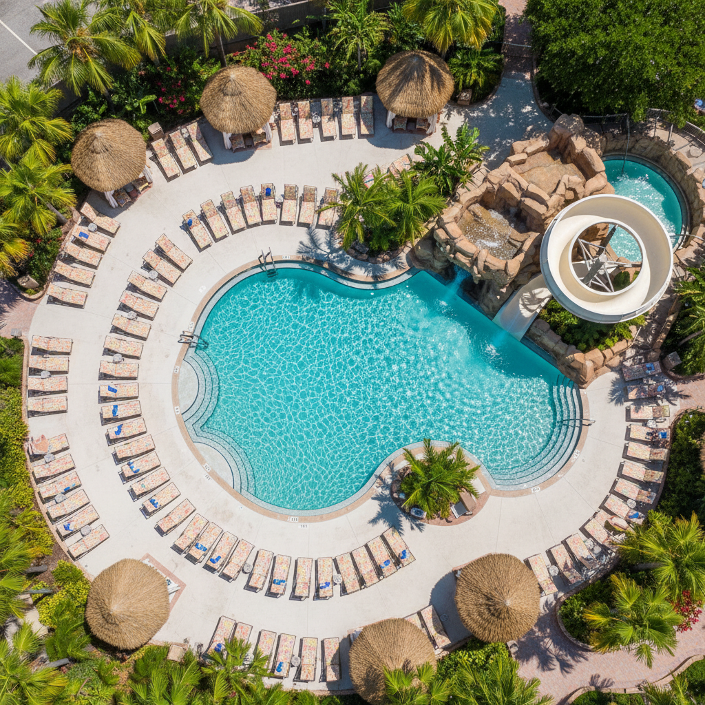 A serene, photographic overhead view of a meticulously themed Orlando resort pool area, completely devoid of people. Crystal-clear turquoise water sparkles in the midday sun, ripples catching bright highlights. Around the pool, colorful lounge chairs with neatly folded striped towels, thatched-roof cabanas, and tropical landscaping create a lush oasis. A nearby water slide shaped like a rocky grotto curves into view, its textured faux stone contrasting with smooth pool tiles. The lighting is bright but balanced, with minimal harsh shadows, giving a cheerful, vacation-ready mood. Shot from a high, almost drone-like angle, the composition emphasizes geometric patterns of chairs and umbrellas, celebrating the playful resort side of Orlando attractions.