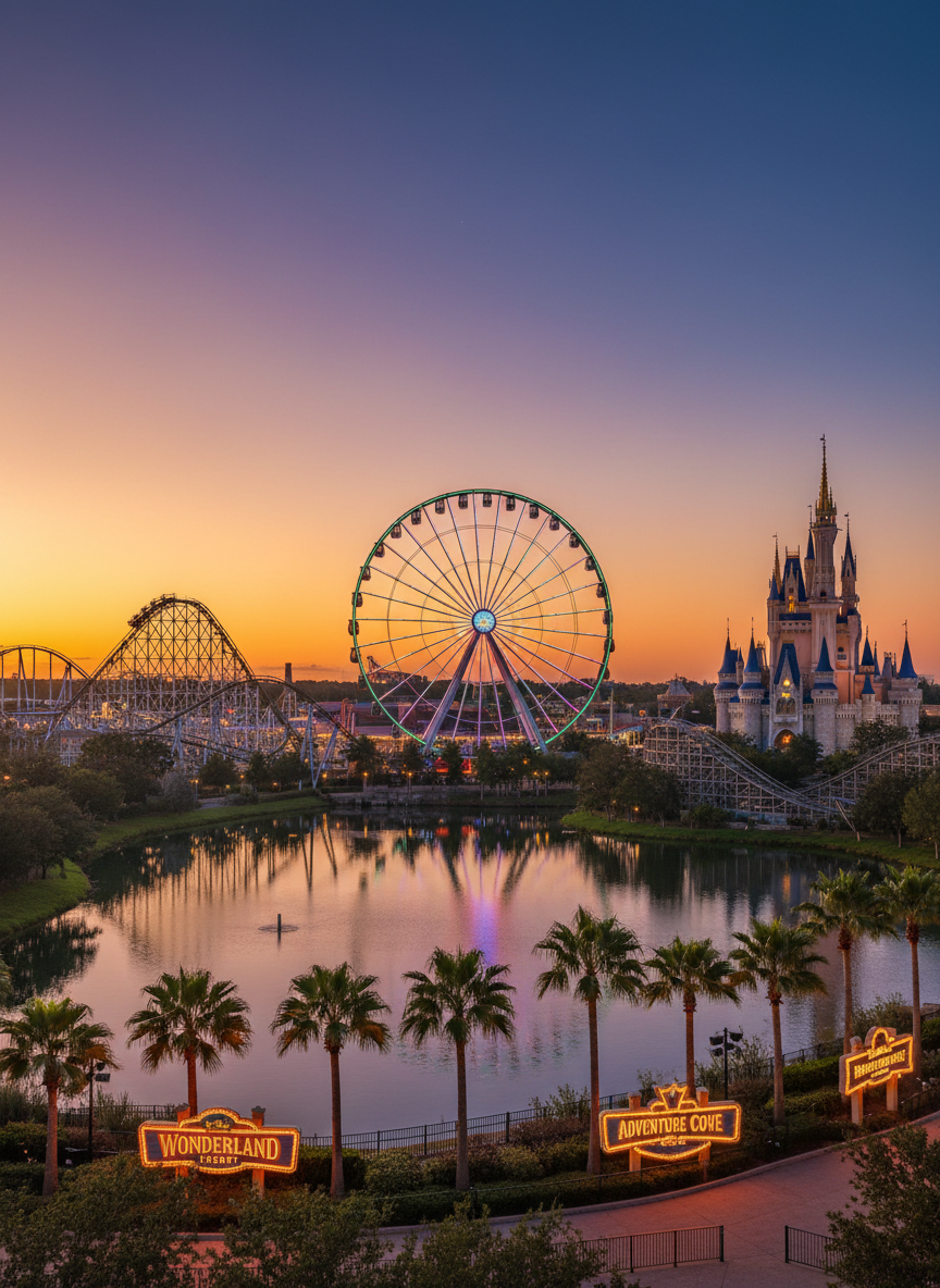 A wide, panoramic photographic view of Orlando’s theme park skyline at twilight, captured without any people. Iconic roller coaster tracks, a glowing Ferris wheel, and a towering castle silhouette rise against a gradient sky shifting from warm orange to deep indigo. Reflections shimmer on a calm man-made lake in the foreground, dotted with neatly trimmed palms and colorful signage. Soft golden hour light and early park illumination create a playful, magical atmosphere. Shot from a slightly elevated angle with sharp focus throughout, using rule-of-thirds composition. The overall style is vibrant, clean photographic realism, perfect as a universal hero image for an Orlando attractions news and photography site.